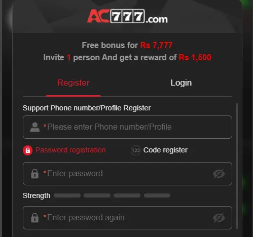 AC 777 Game registration and login process image