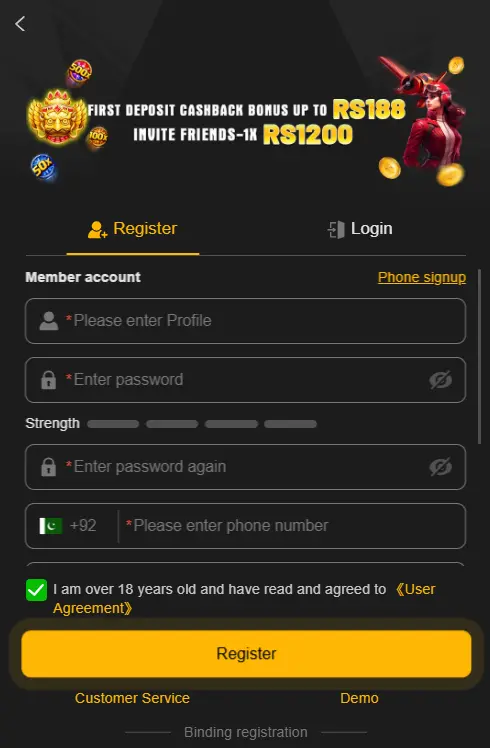 188PKR Game login screen